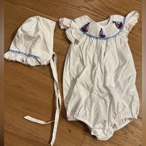Fantasie Bebe White Romper with Blue and Red Embroidered Sailboats & Bonnet